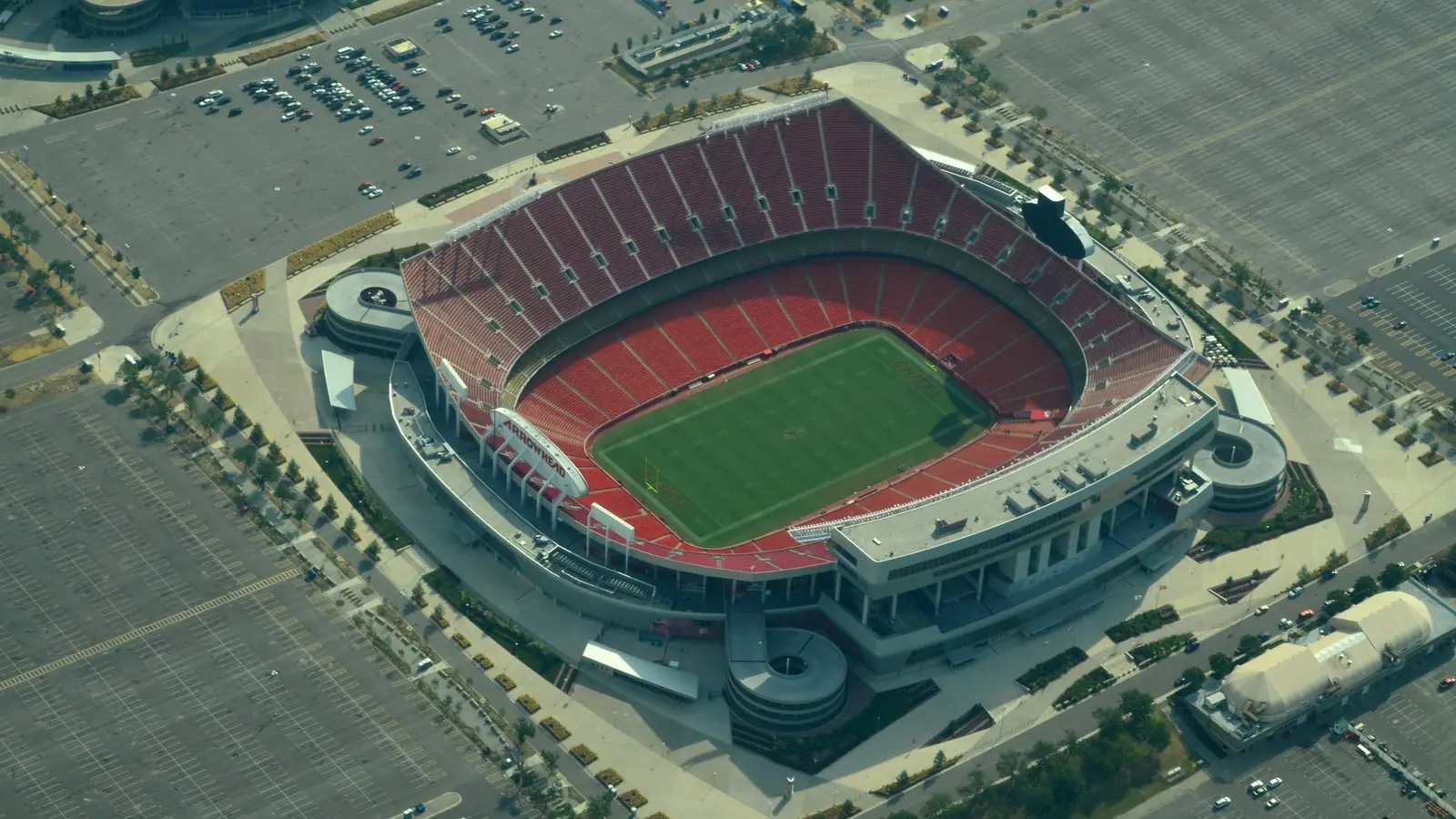 Aerial view of Arrowhead Stadium, home of the Kansas City Chiefs, surrounded by parking lots in Kansas City, Missouri