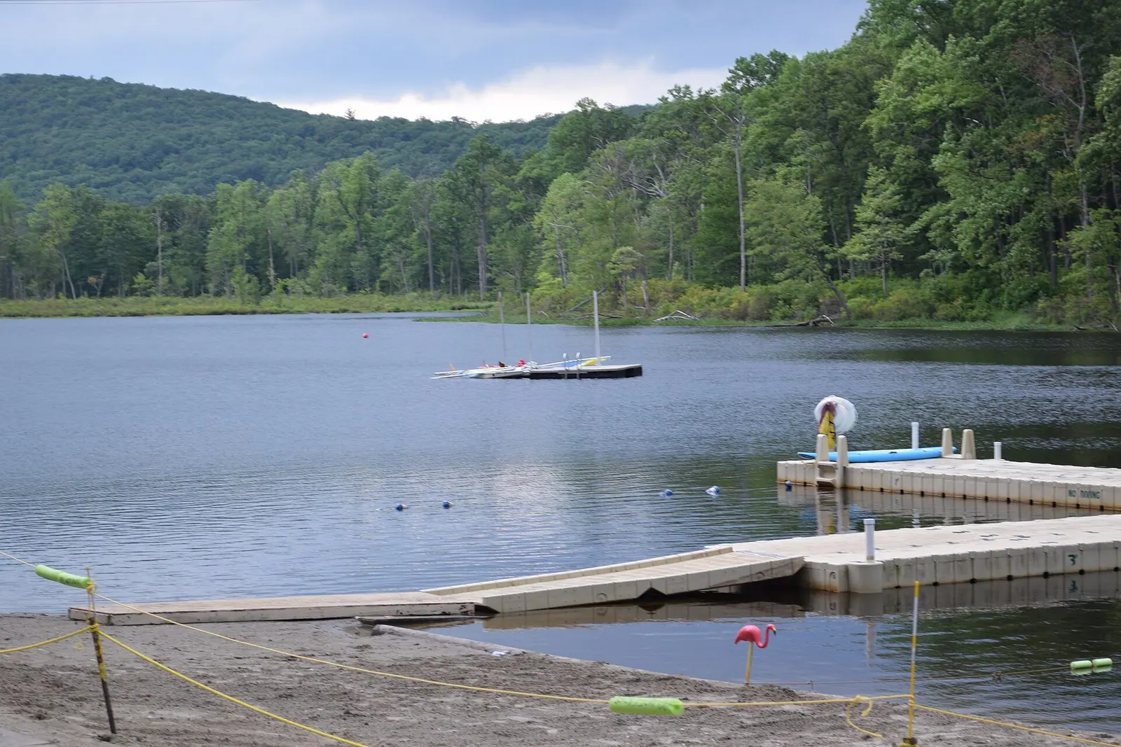 A rowboat resting on the shore of a wooded lake at a summer camp in New Jersey