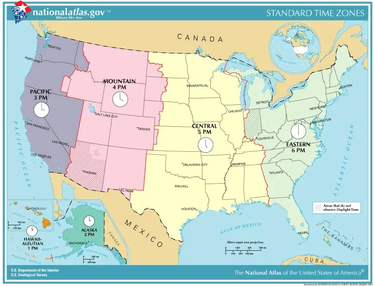Map of the standard time zones of the United States: Pacific, Mountain, Central, Eastern, Alaska and Hawaii-Aleutian